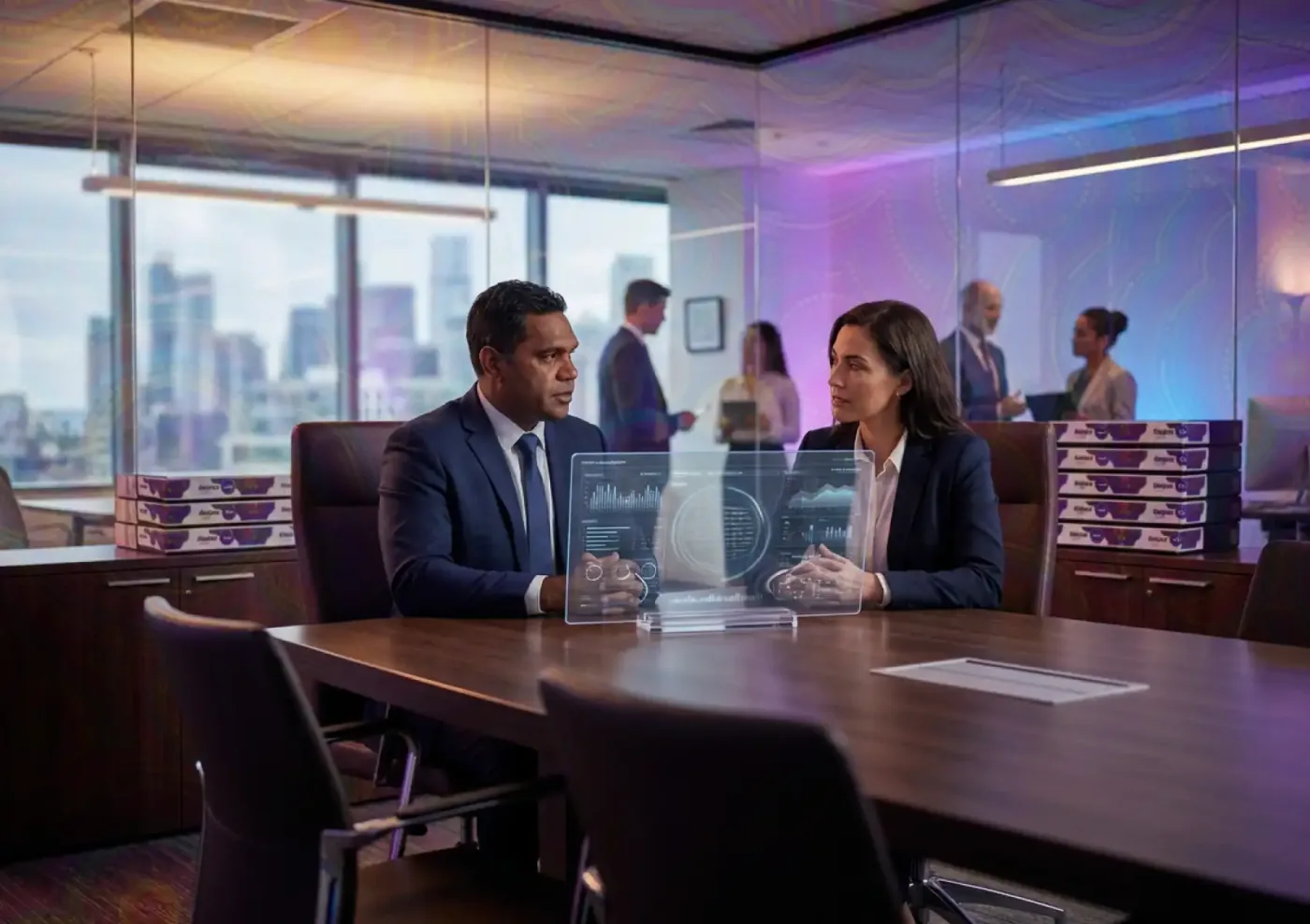 Business professionals in a modern office discussing data on a transparent digital display.