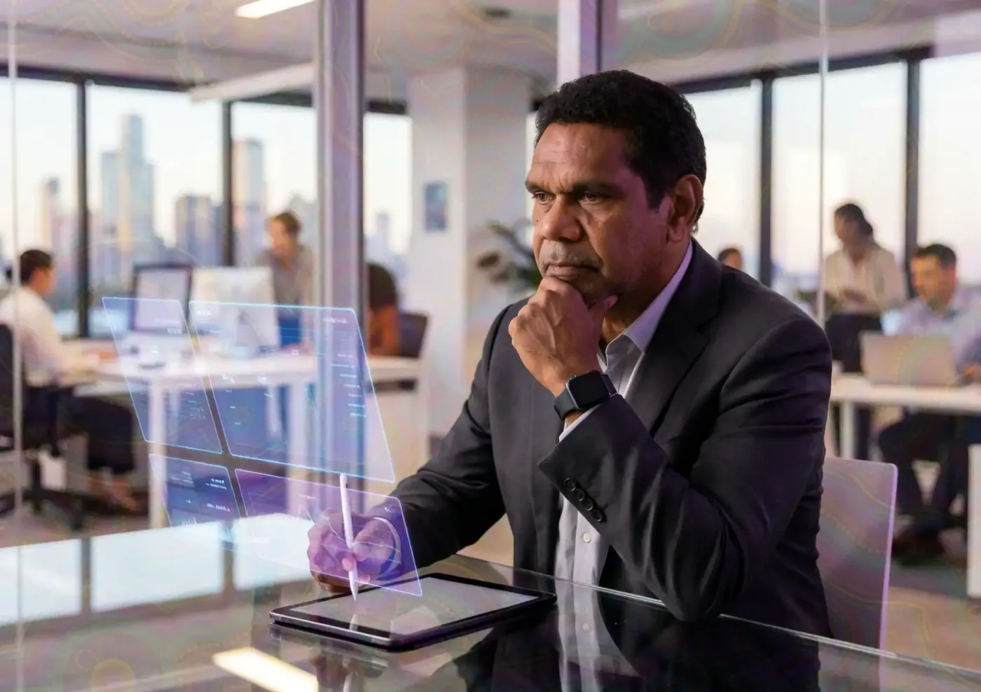 A professional using a stylus on a tablet with holographic digital panels in a modern office.