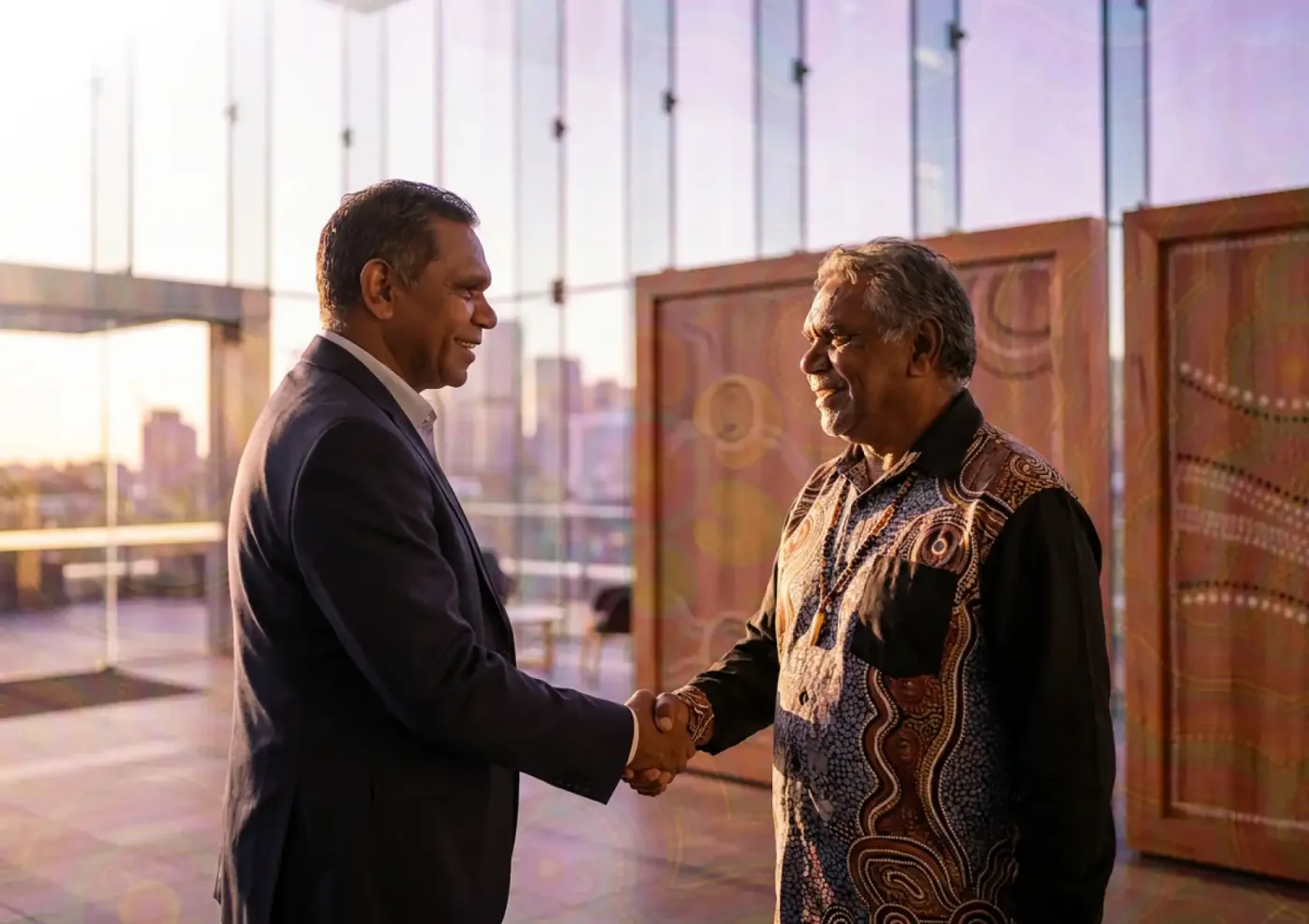 A handshake between a suited professional and a person in an Aboriginal-patterned shirt, city office at sunset.