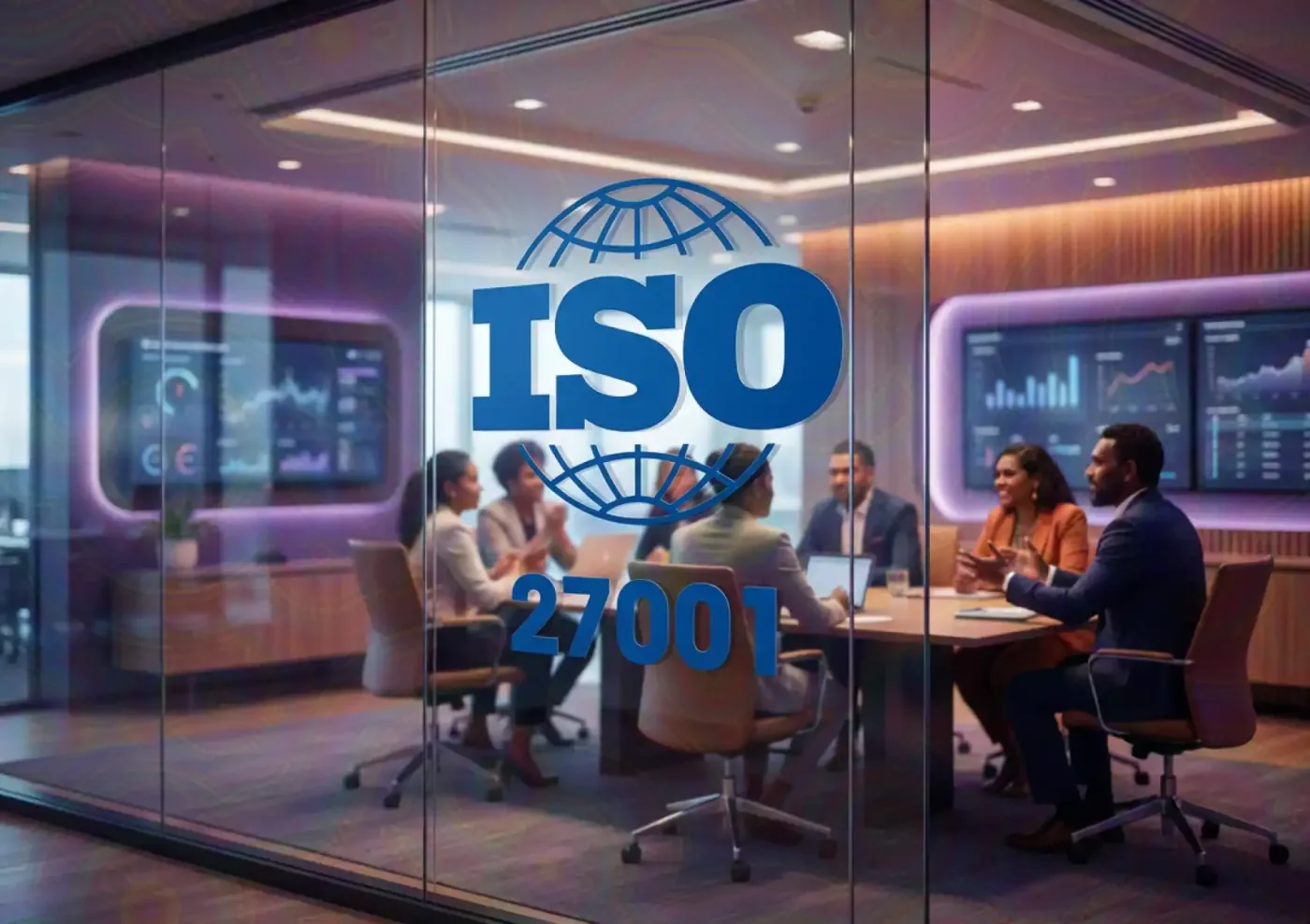 Business professionals reviewing security and compliance data together in a modern office.